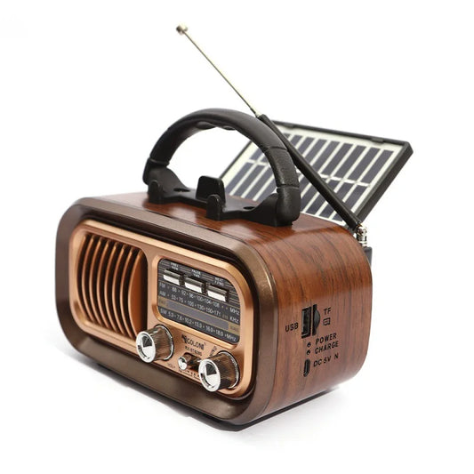 Mini Wooden Radio with Solar Panel Am Fm Sw Three Band Stereo Multi Functional Music Player Retro Portable Bluetooth Speaker